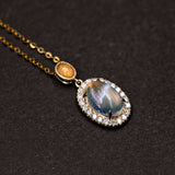 Halo Diamond Blue Sheen Moonstone Fire Opal Pendant Necklace in 18k Yellow Gold