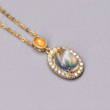 Halo Diamond Blue Sheen Moonstone Fire Opal Pendant Necklace in 18k Yellow Gold