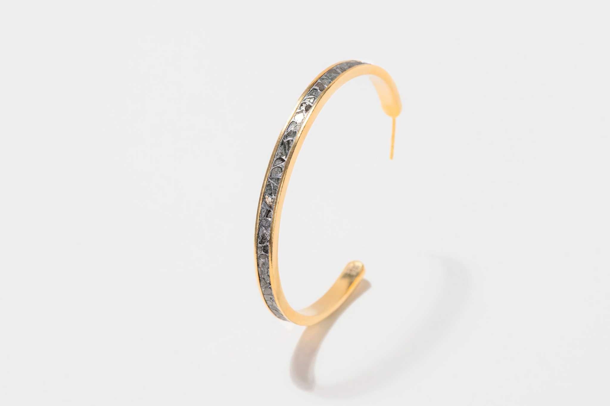 Hapur Gold Vermeil hoop earring with sliced raw uncut diamonds and silver resin detailing