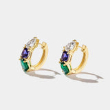 14k gold Hydrangea Earrings with pear-shaped diamonds, natural iolite, and lab-grown emeralds in a tri-color design