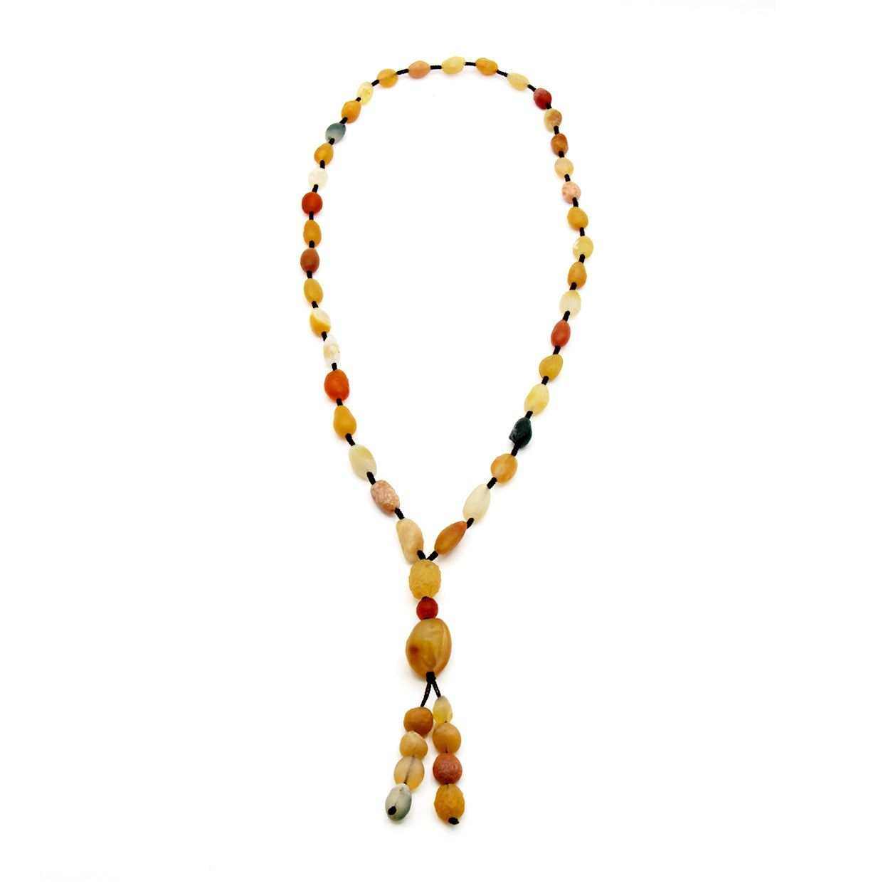 Yellow brown Alashan Gobi Desert Agate necklace with multi-color rough stone beads and pendant on brown rope strand