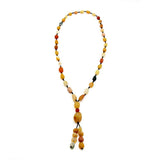 Yellow brown Alashan Gobi Desert Agate necklace with multi-color rough stone beads and pendant on brown rope strand