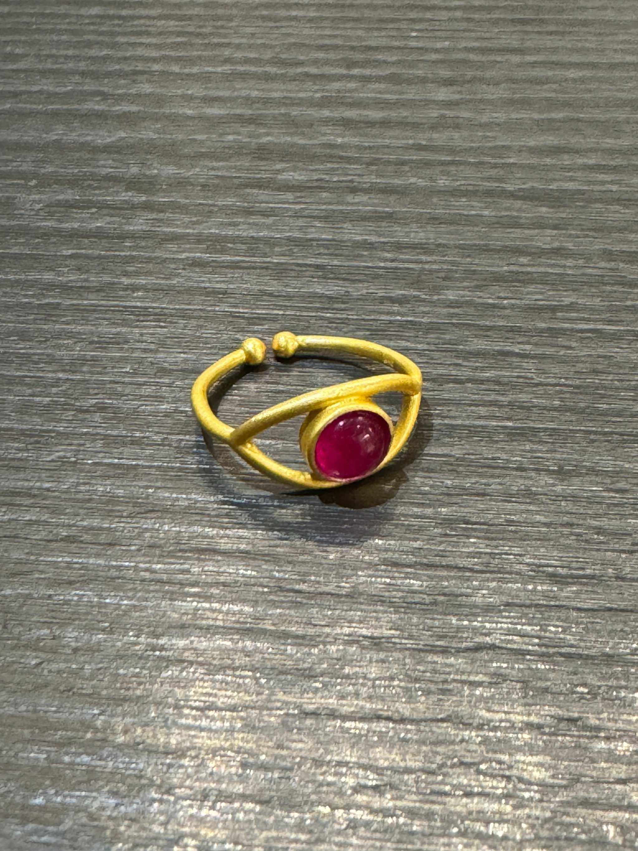 Natural pinkish ruby electrum adjustable ring with matte gold and silver finish