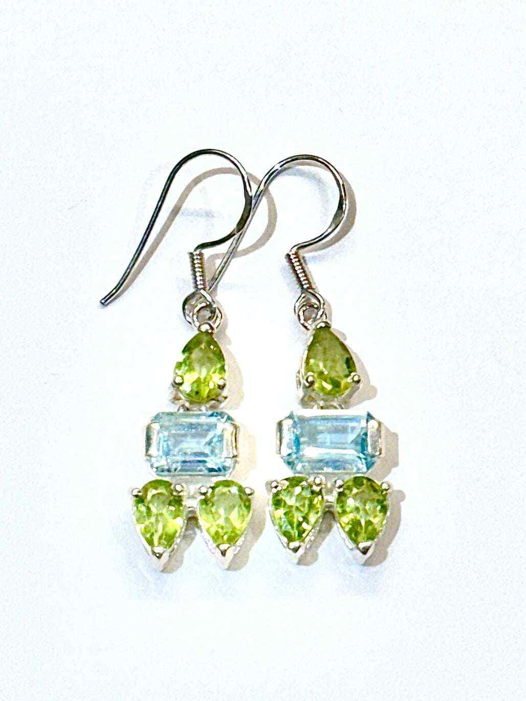 Natural aqua blue topaz and green peridot mini figure shaped 925 sterling silver dangle drop hook earrings