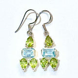 Natural aqua blue topaz and green peridot mini figure shaped 925 sterling silver dangle drop hook earrings