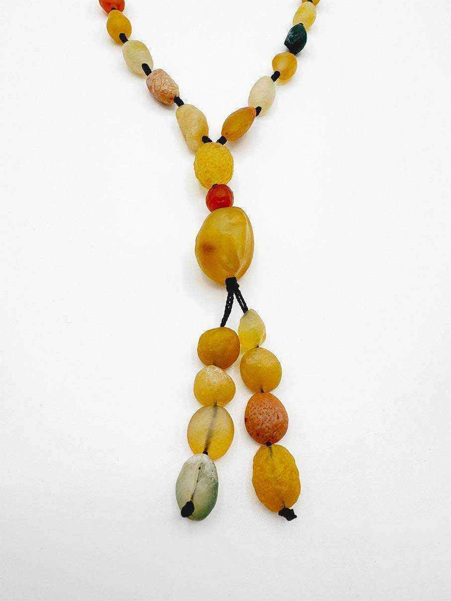 Yellow brown Alashan Gobi Desert Agate rough stone bead necklace with pendant on brown rope