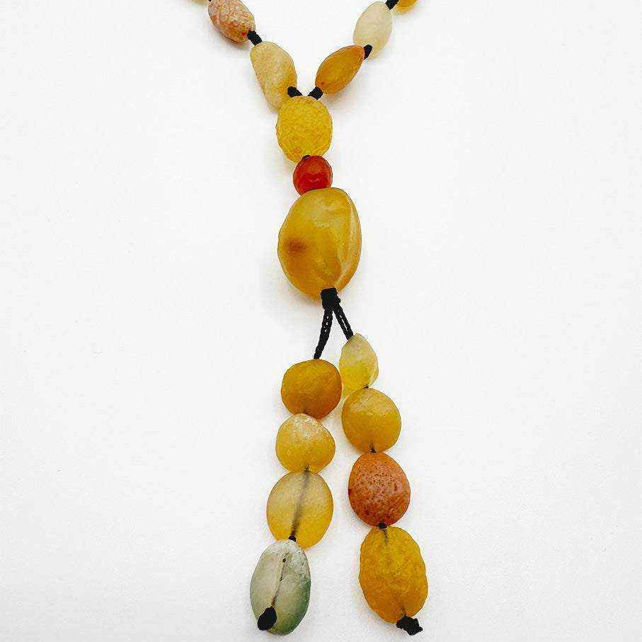 Yellow brown Alashan Gobi Desert Agate rough stone bead necklace with pendant on brown rope