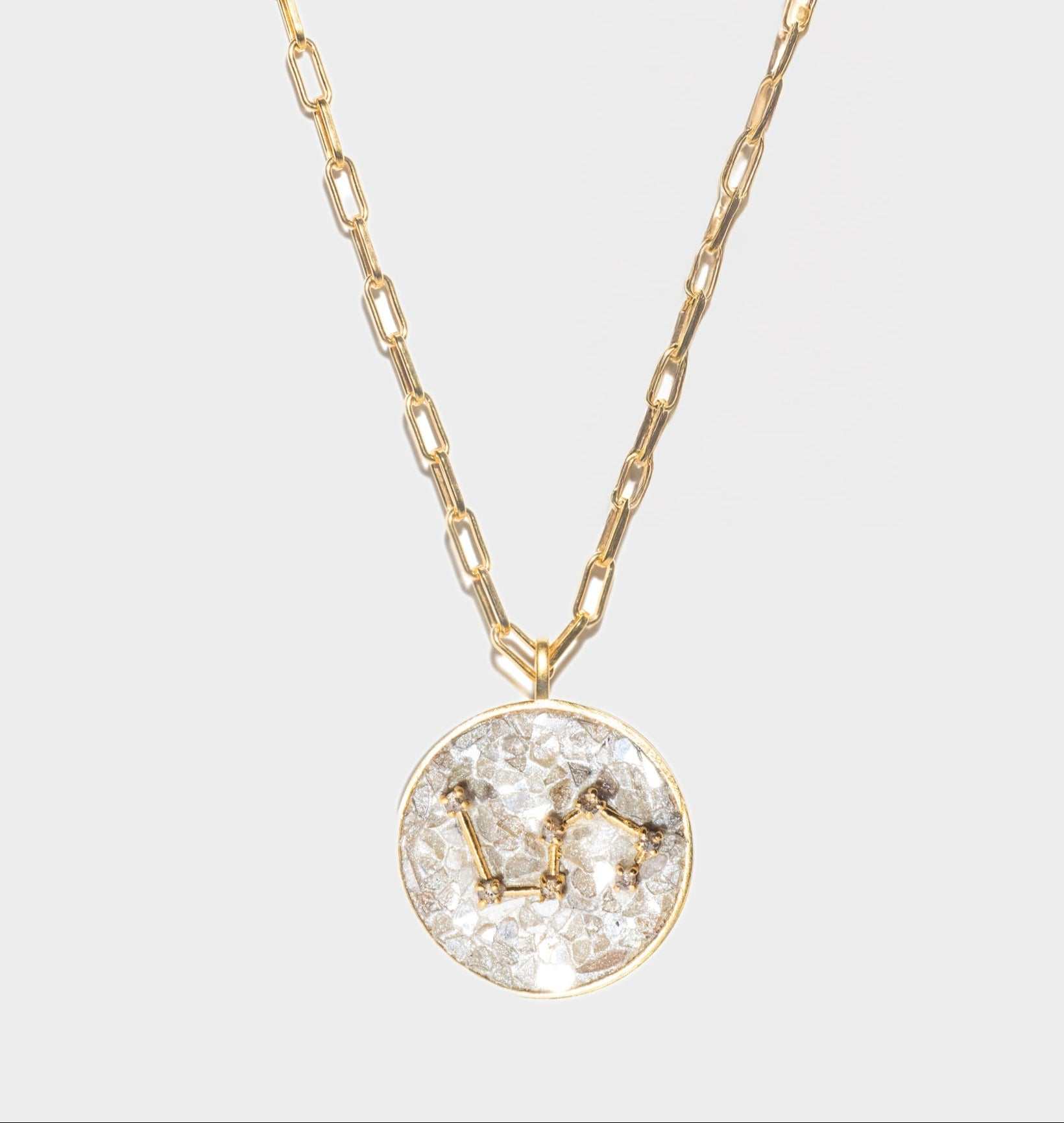 Leo Gold Vermeil Pendant necklace with uncut raw diamonds and 18k gold chain showcasing Leo constellation design