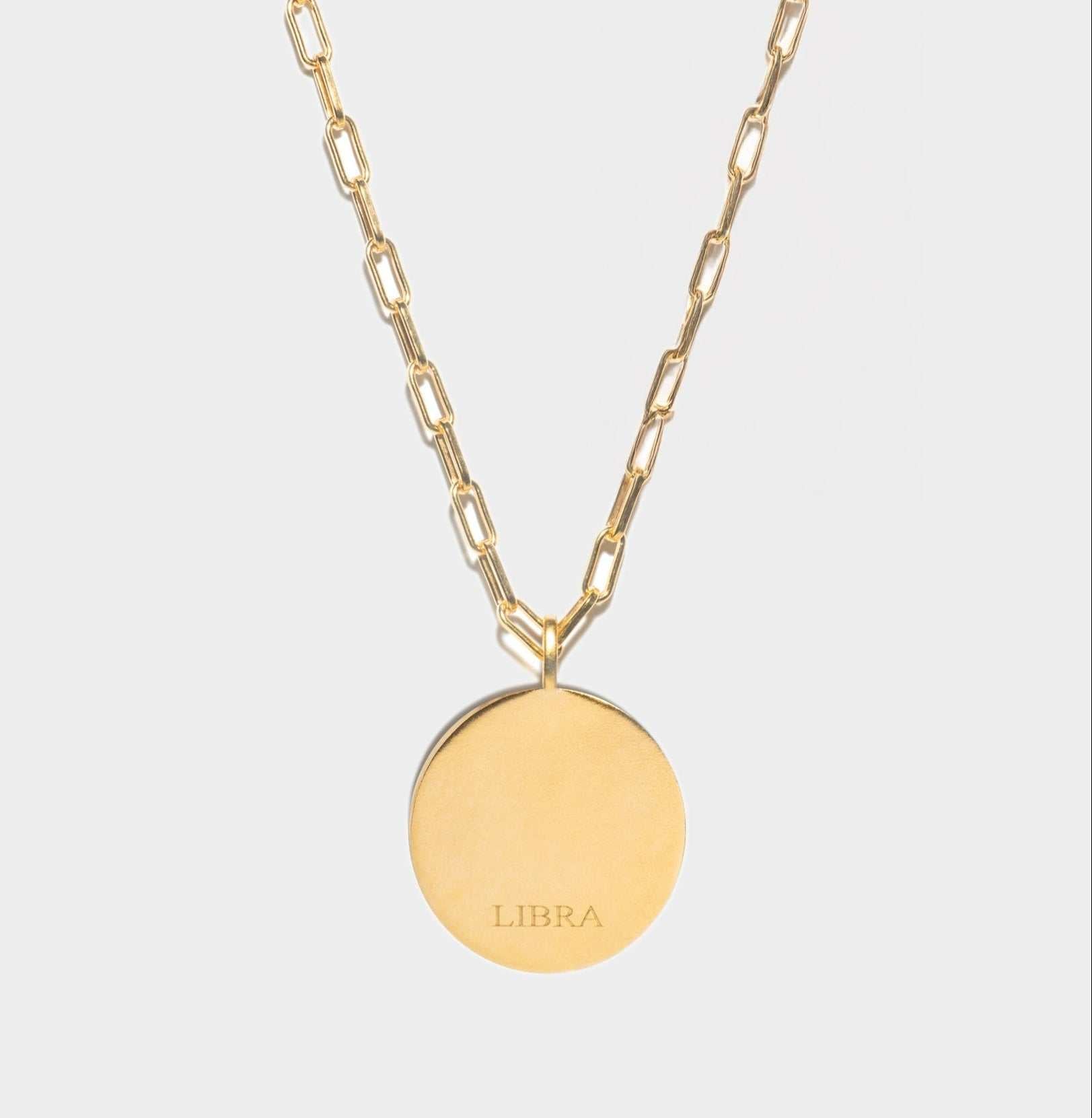 Libra Gold Vermeil Pendant necklace with round gold disc and paperclip chain