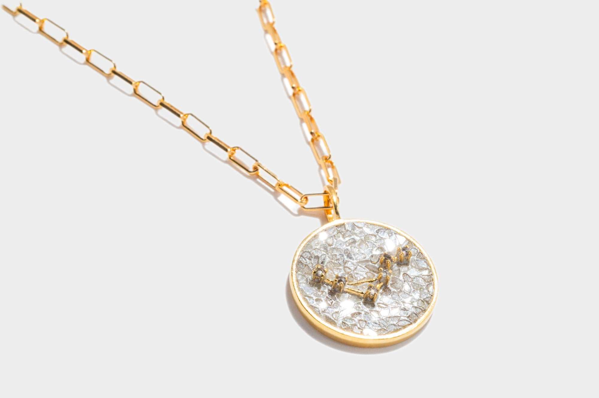Libra Gold Vermeil Pendant necklace with uncut raw diamonds and 18k gold chain in diamond mosaic design