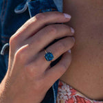 Hand wearing 14k gold ring with 10x10 mm cushion cut London Blue Topaz gemstone