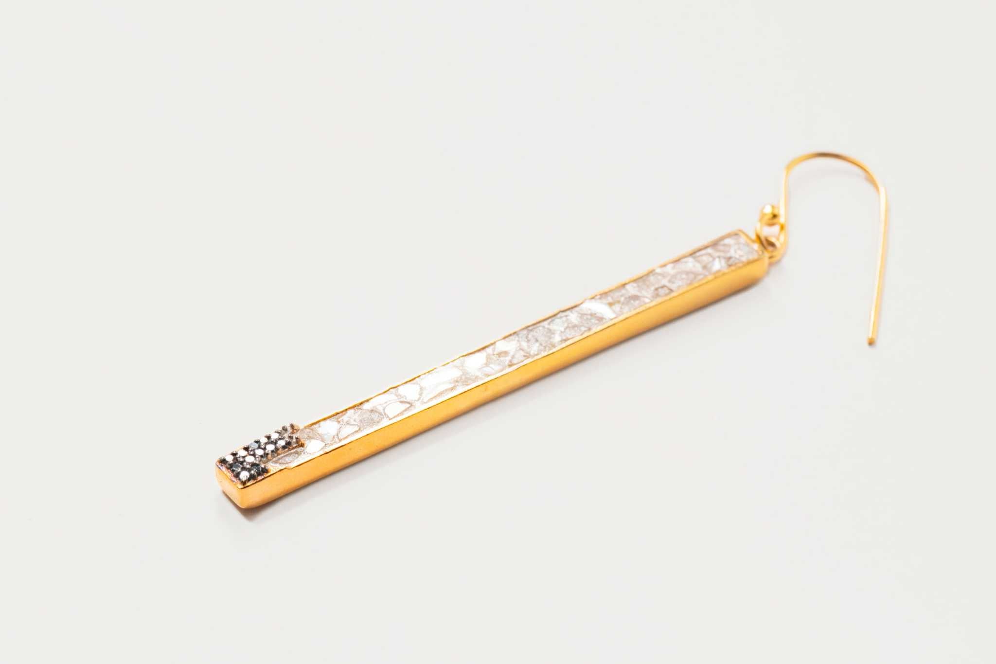 Long dangling Madeline Gold Vermeil earring with pave champagne diamonds and 18K gold layer