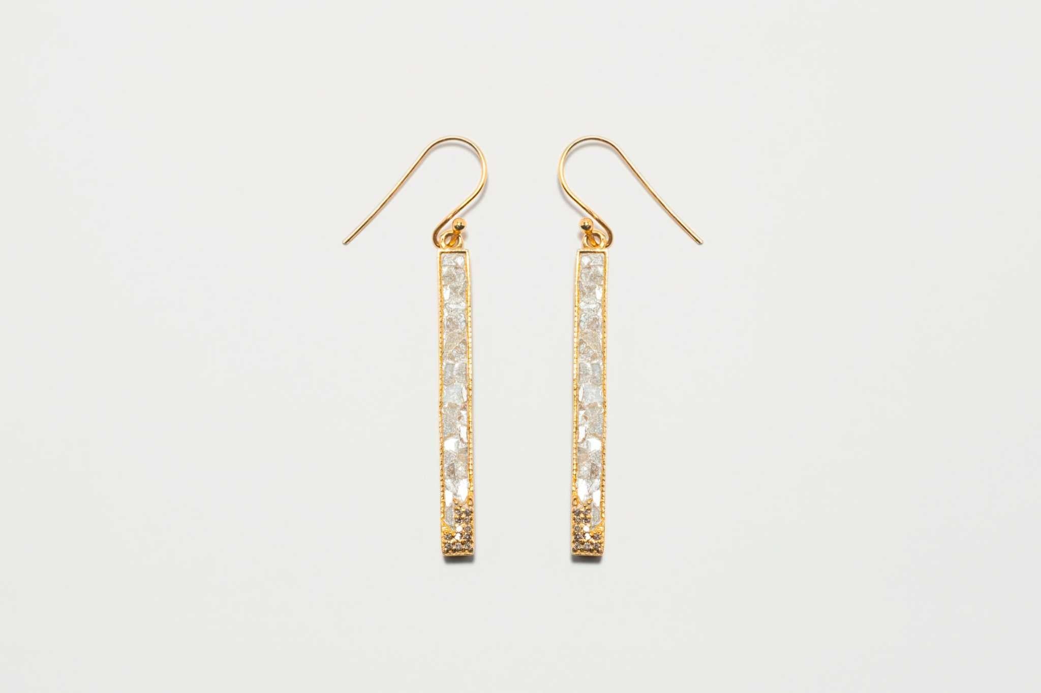 Long dangling Madeline Gold Vermeil earrings with pave champagne diamonds and 18K gold finish