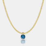 14k gold Horizon Necklace with AAA London Blue Topaz pendant on tidal tennis chain