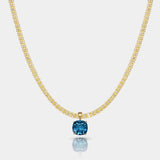 14k gold Horizon Necklace with AAA London Blue Topaz pendant on tidal tennis chain