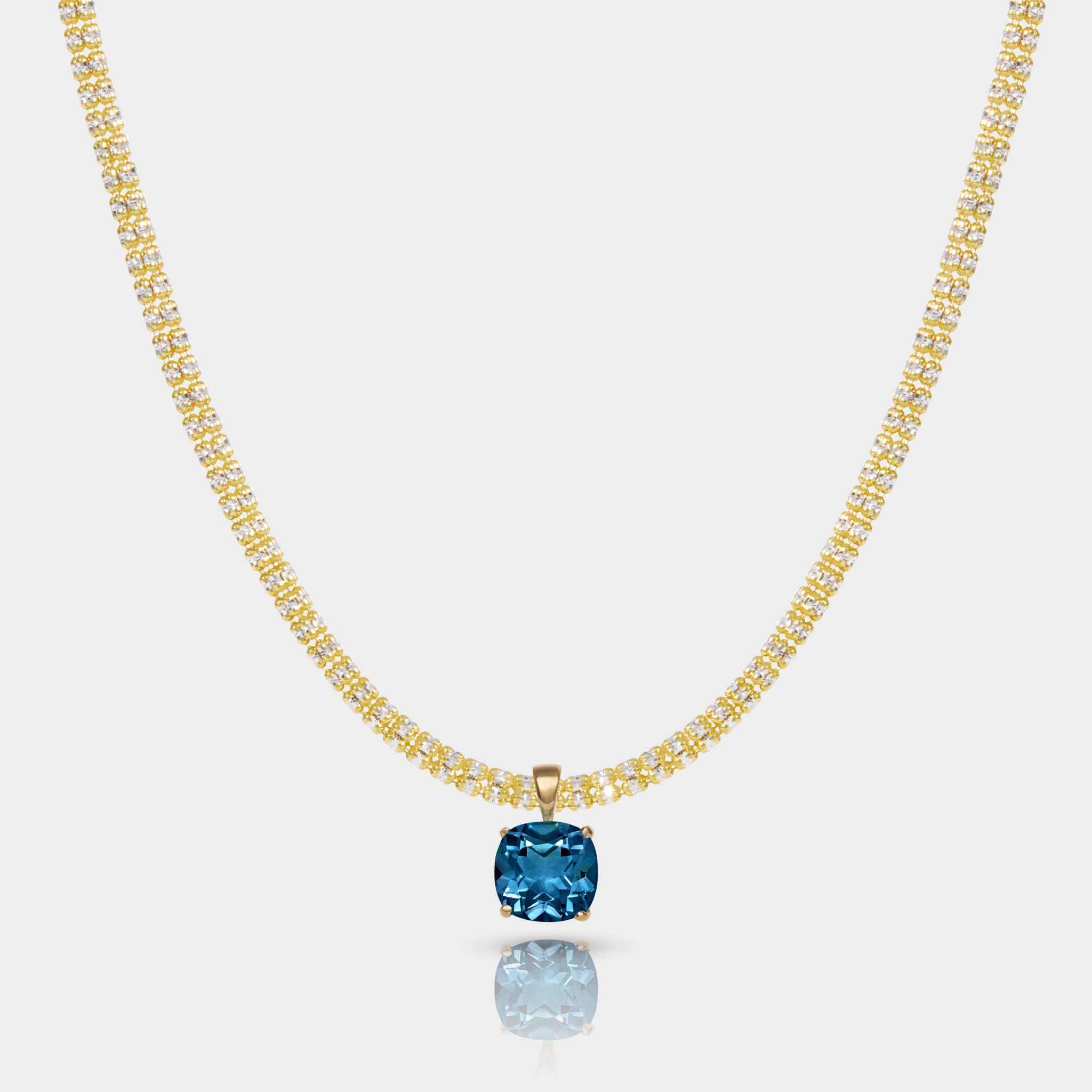 14k gold Horizon Necklace with AAA London Blue Topaz pendant on tidal tennis chain