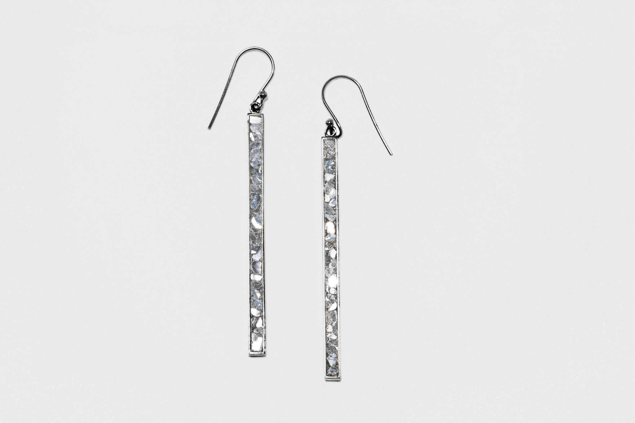 Miladi Large Oxidized Silver Earrings with long rectangular bar design and raw uncut diamond accents