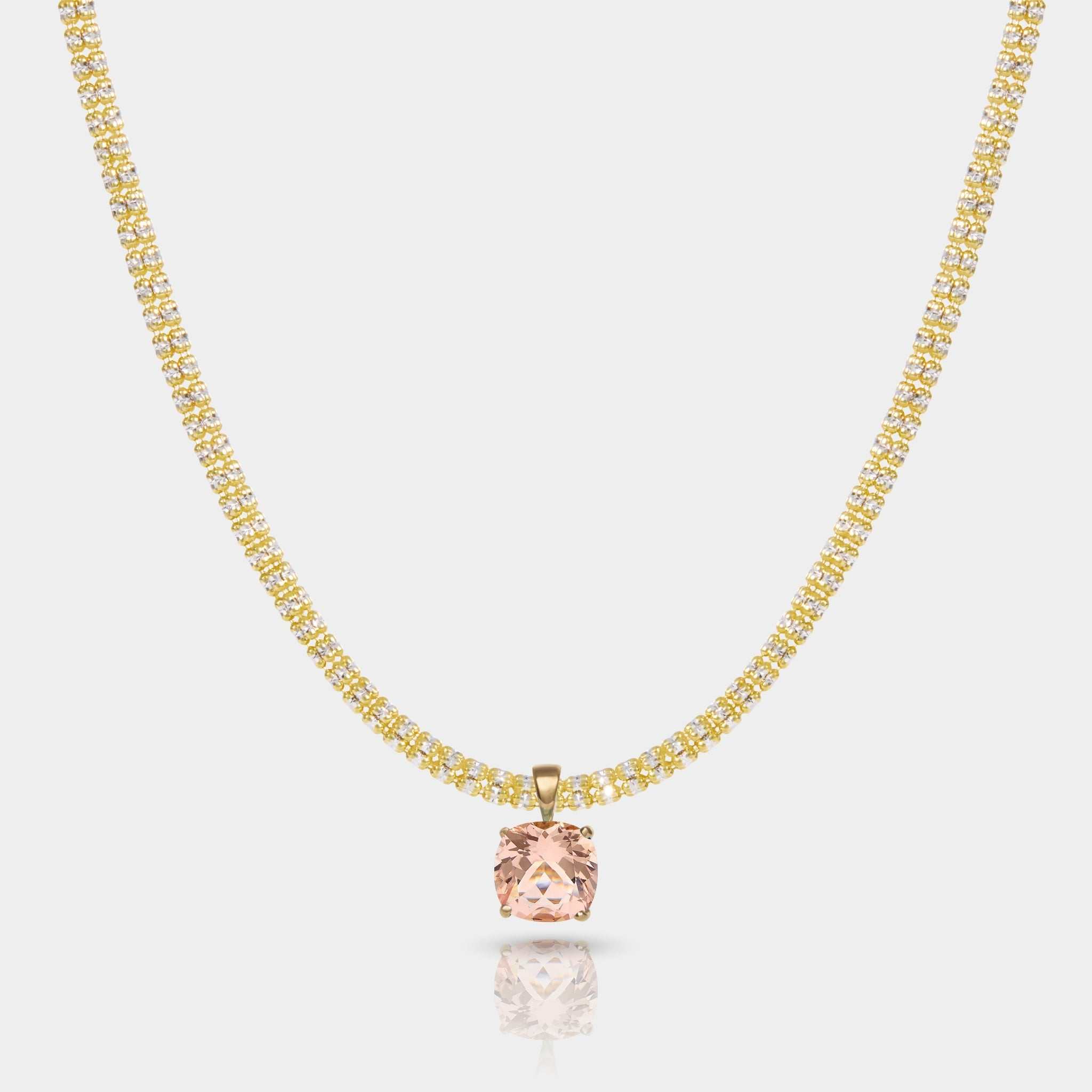 Horizon Connecticut Coast peach morganite pendant in 14k gold on a luxury 14k gold tidal tennis chain