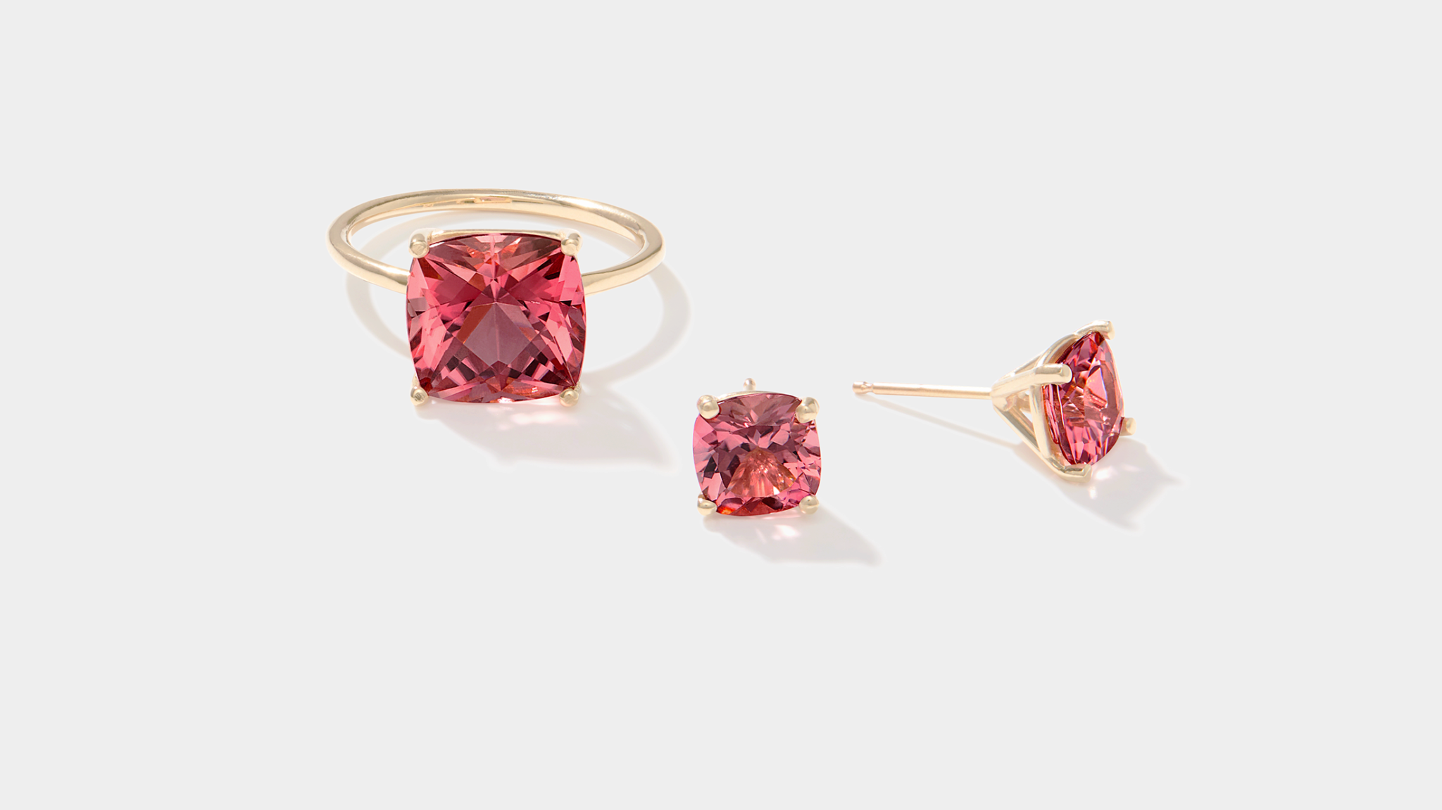 Pink tourmaline cushion cut stud earrings and ring set in 14k yellow gold