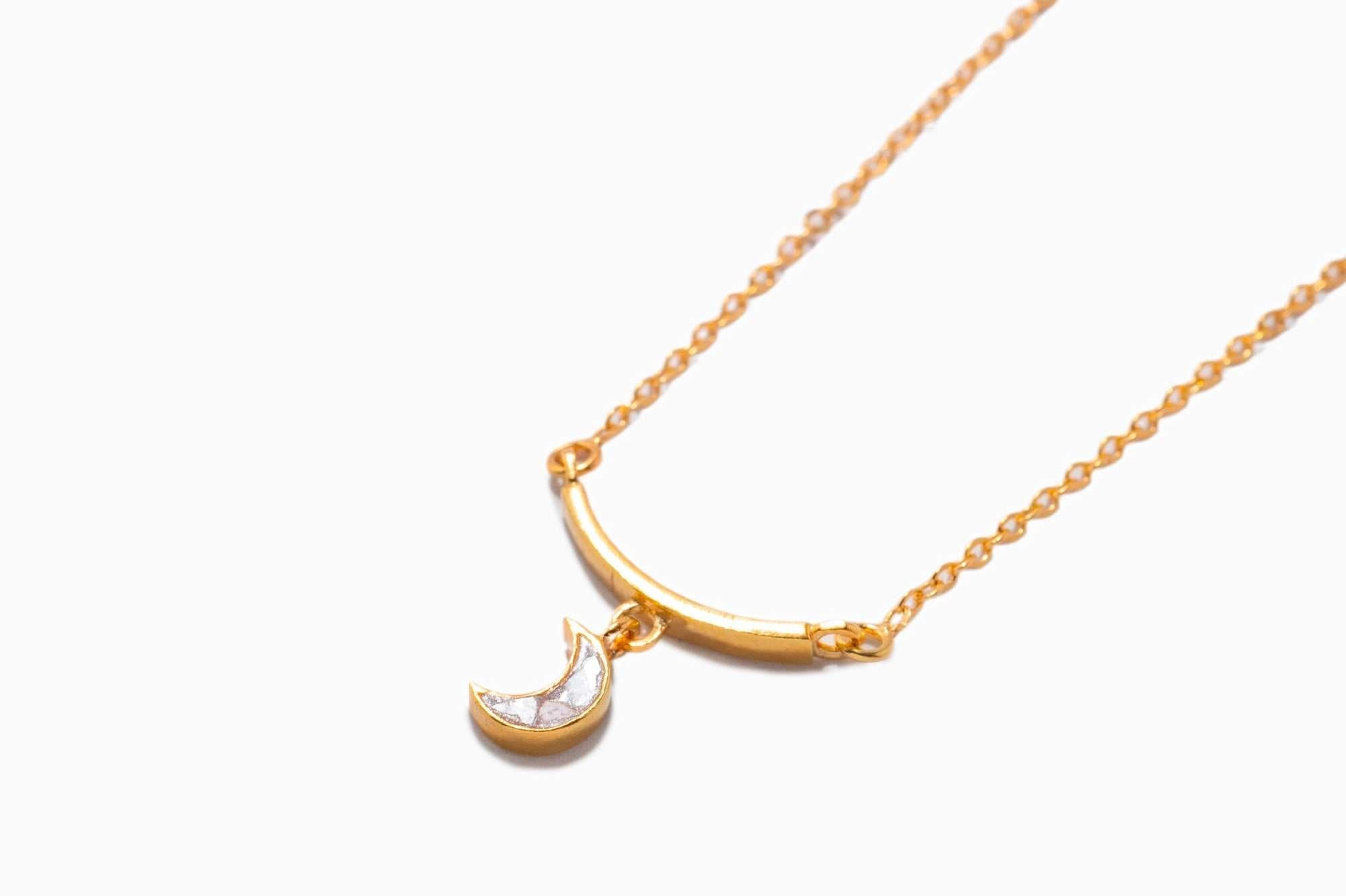 Neoma Gold Vermeil Pendant necklace with sliced raw uncut diamonds and rose gold resin crescent moon charm on a gold chain