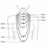 Diagram showing necklace length measurements from 14 to 33 inches on a female silhouette for reference.