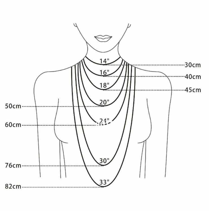Diagram showing necklace length measurements from 14 to 33 inches on a female silhouette for reference.