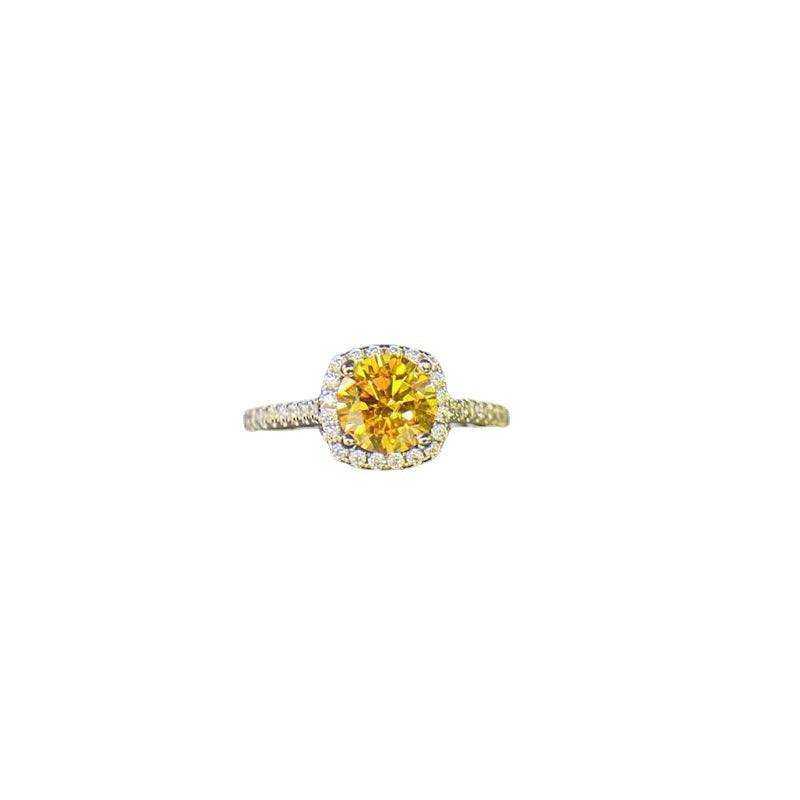 1 CTW DEW round brilliant cut yellow moissanite sterling silver cushion outline pavé halo engagement ring with micro pave cubic zirconia accents