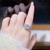 5 CTW colorless cushion hybrid brilliant crushed ice cut square moissanite sterling silver pavé halo engagement ring on hand
