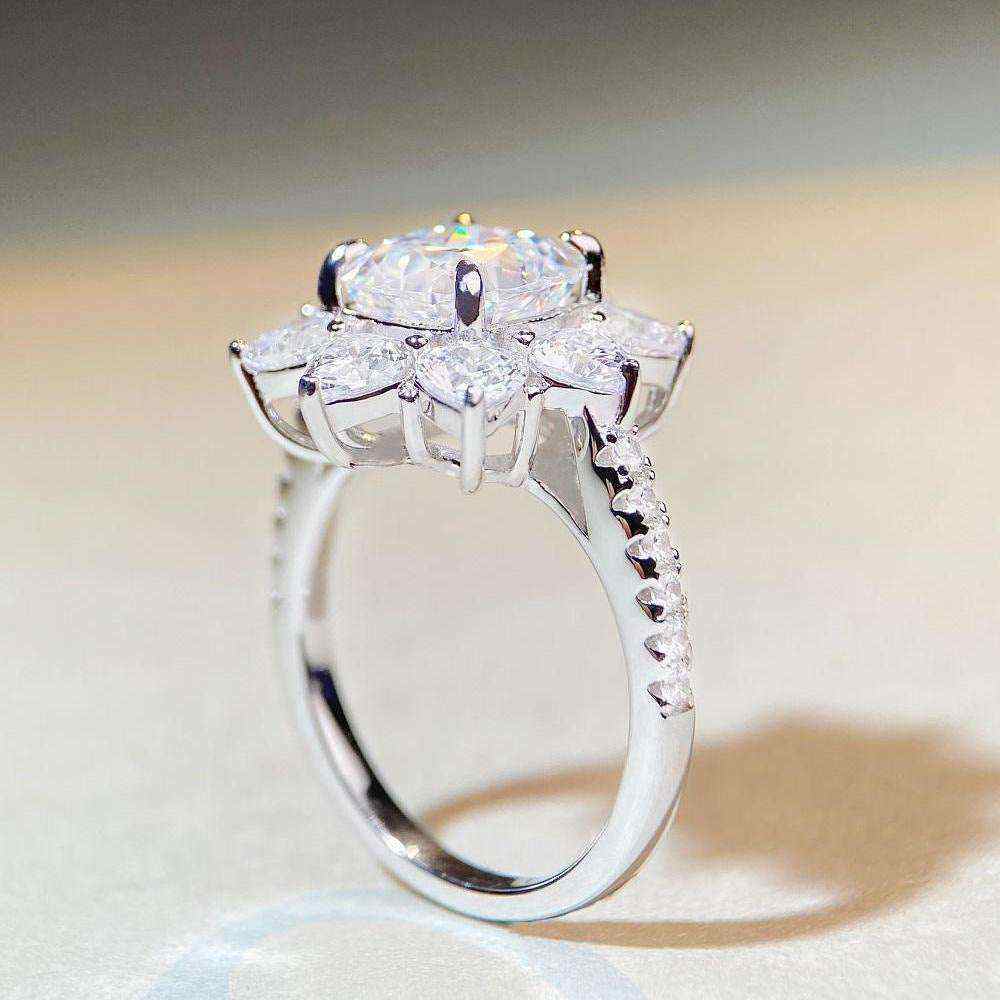 2.4 CTW DEW cushion cut moissanite sunflower halo engagement ring in sterling silver with pavé cubic zirconia accents