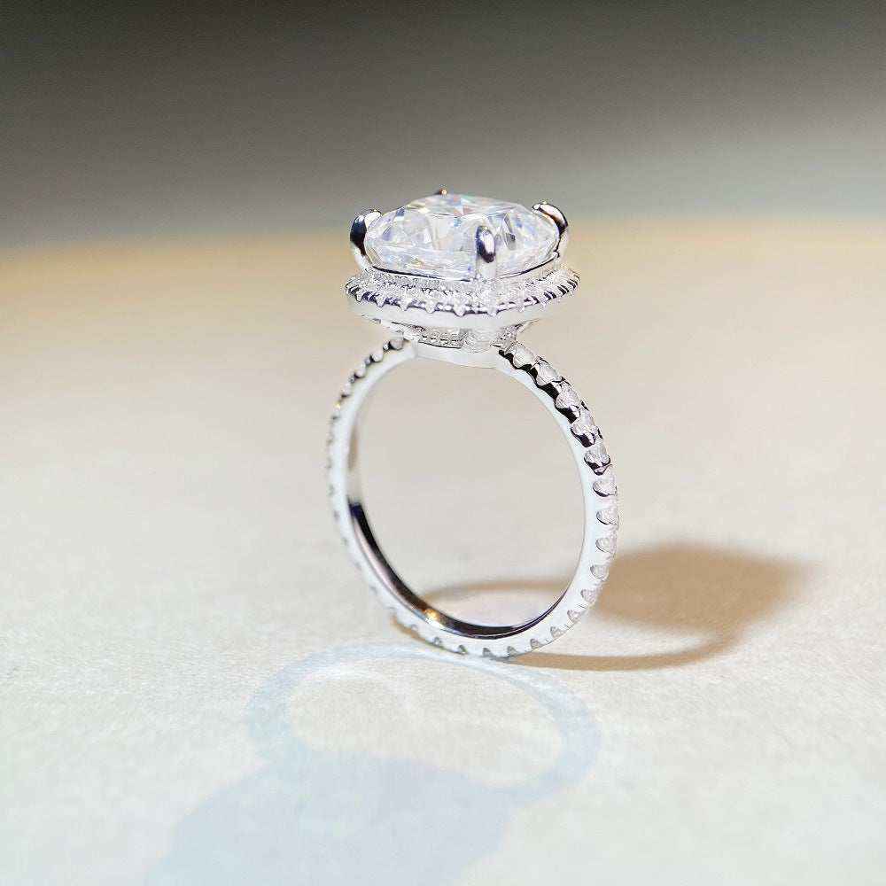 5 CTW DEW colorless cushion cut moissanite sterling silver pavé halo engagement ring with crushed ice hybrid brilliant square stone