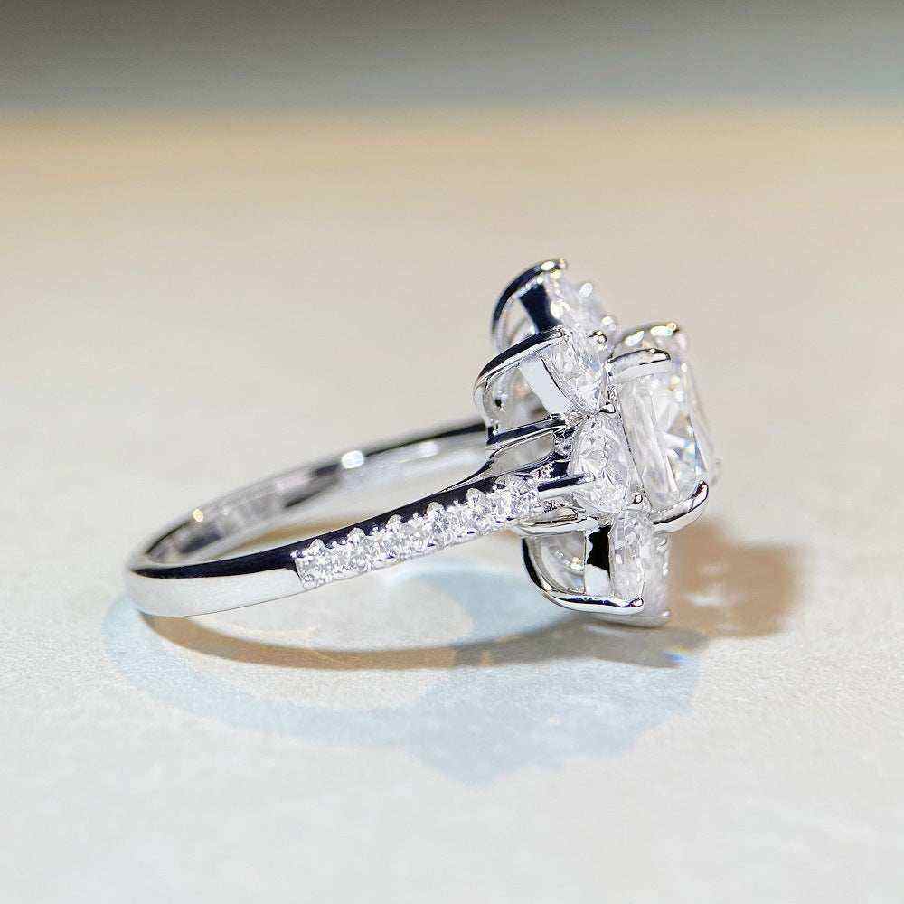 2.4 CTW DEW colorless cushion cut moissanite sunflower halo engagement ring in sterling silver with pavé cubic zirconia accents