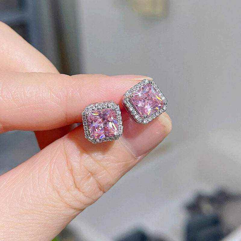 Two 2 CTW DEW Radiant Crushed Ice Cushion Cut Square Pink Halo Earring