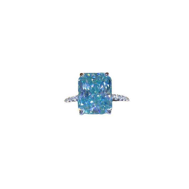 1.8 CTW DEW radiant cut blue green moissanite solitaire engagement ring in sterling silver with pavé accents