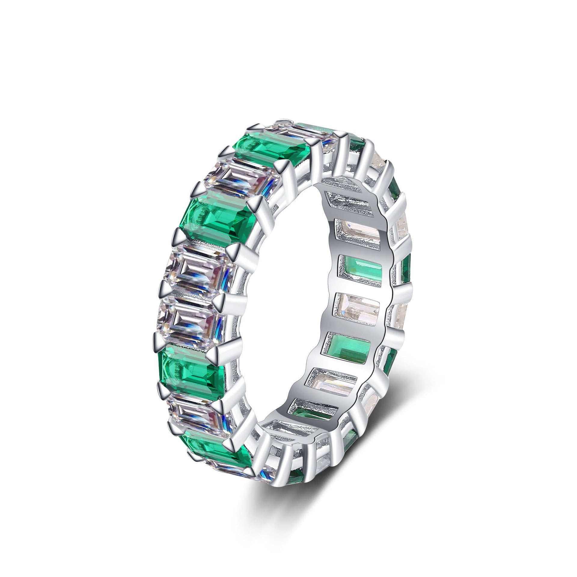 White baguette cut cubic zirconia full eternity emerald band ring in platinum plated S925 sterling silver