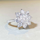 2.4 CTW DEW colorless cushion cut moissanite sunflower halo engagement ring in sterling silver
