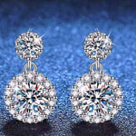 Two 1 CTW DEW Colorless Round Cut Moissanite Halo Drop Earrings in 925
