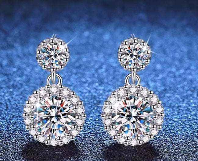 Two 1 CTW DEW Colorless Round Cut Moissanite Halo Drop Earrings in 925