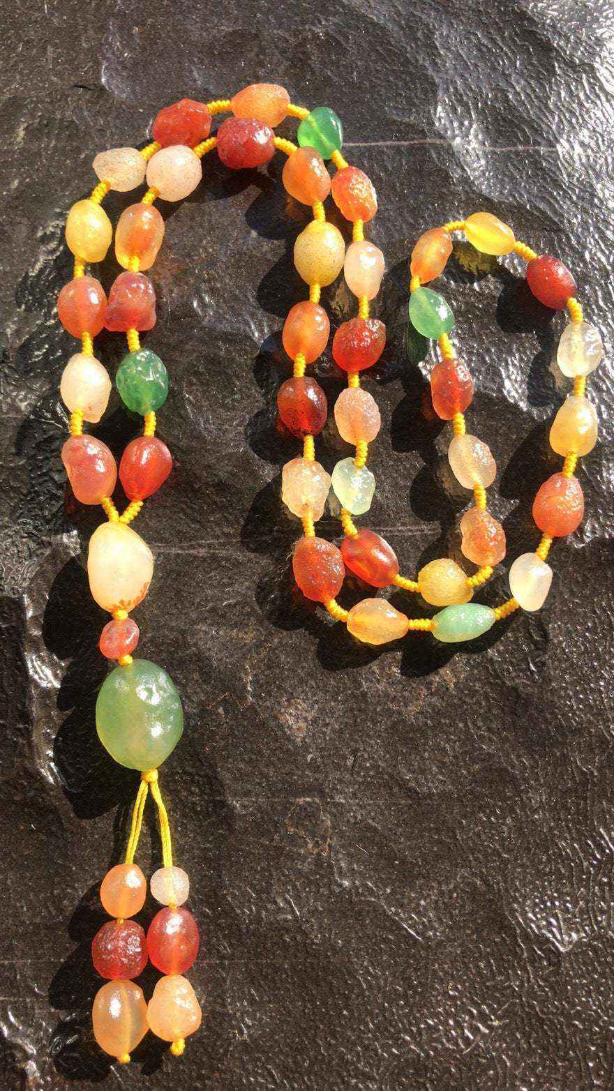 Colorful natural Alashan Gobi Desert Candy Agate necklace with multi-color rough chalcedony beads on yellow rope strand and pendant