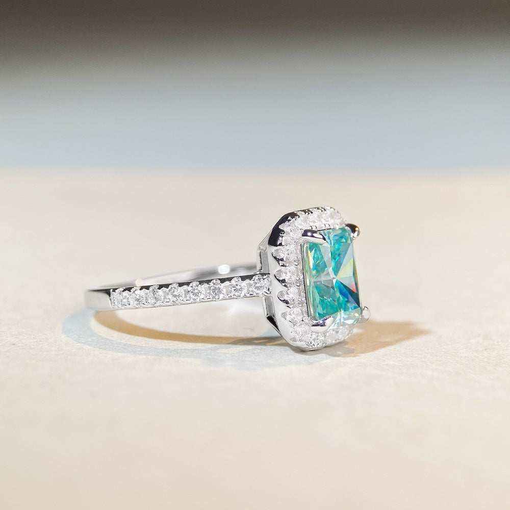 1.8 CTW DEW Radiant Cut Paraíba Mint Green moissanite halo engagement ring in sterling silver
