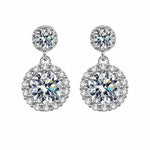 Pair of 1 CTW DEW colorless round cut moissanite halo drop earrings in 925 sterling silver with 18K gold plating and push back studs
