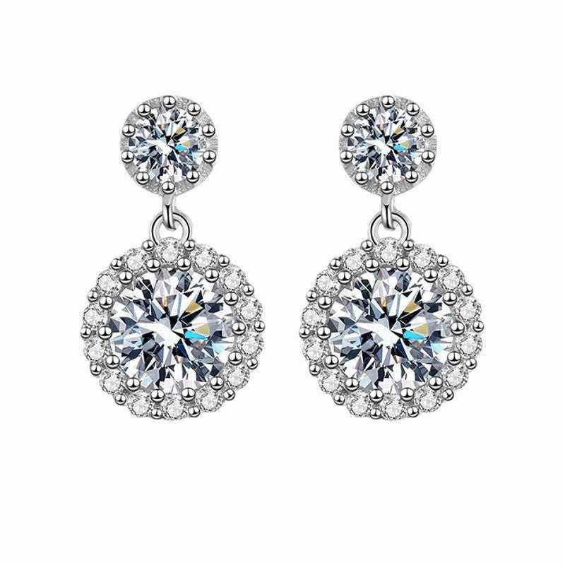 Pair of 1 CTW DEW colorless round cut moissanite halo drop earrings in 925 sterling silver with 18K gold plating and push back studs