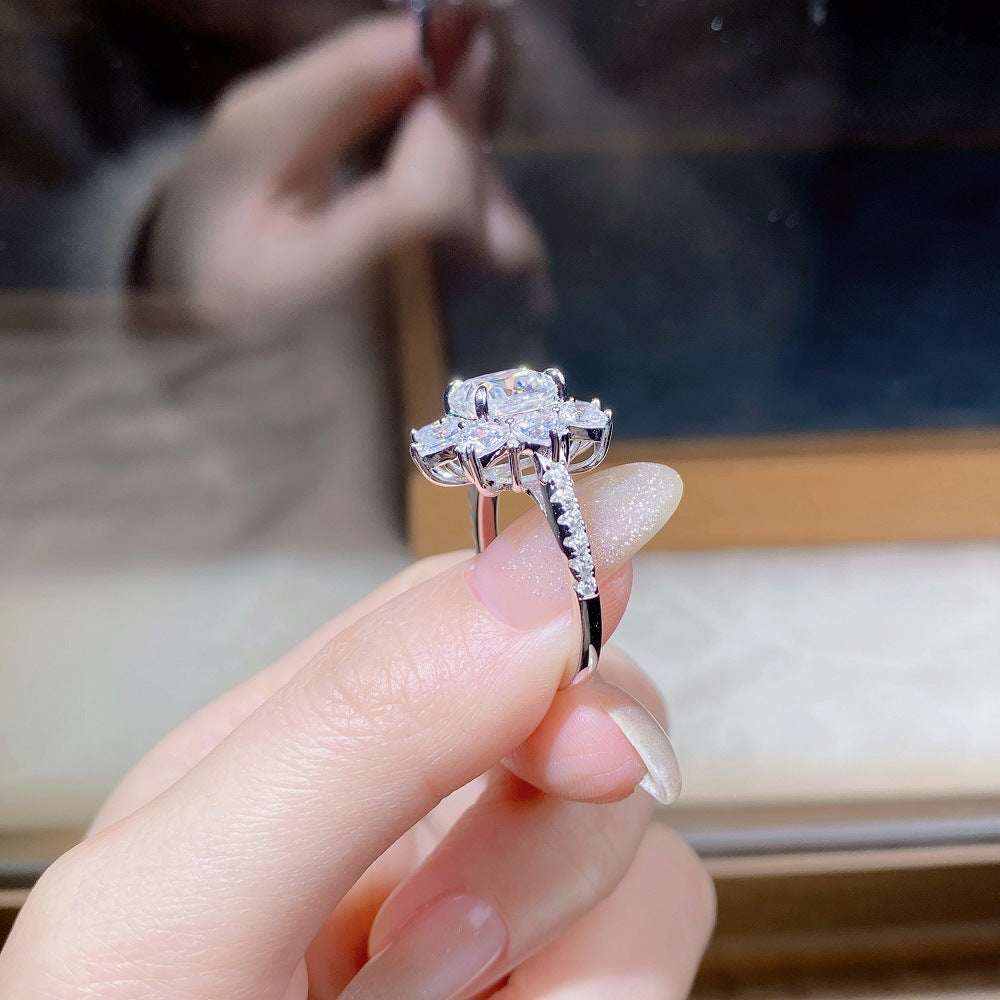 2.4 CTW DEW colorless cushion cut moissanite sunflower halo engagement ring in sterling silver