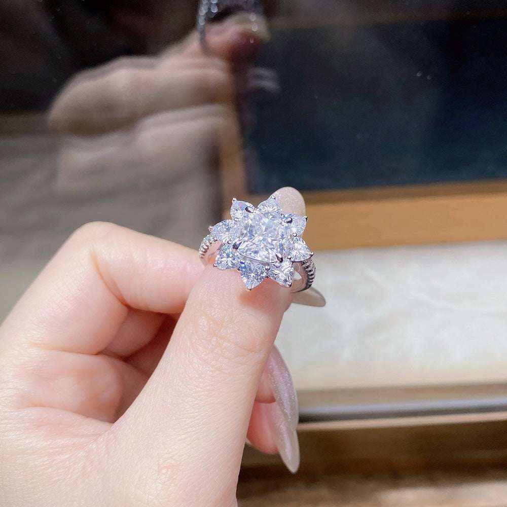 2.4 CTW DEW colorless cushion cut moissanite sunflower halo engagement ring in sterling silver