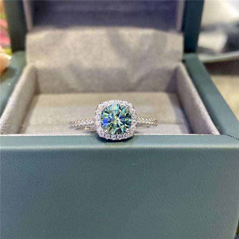 2.7 CTW DEW round green moissanite halo engagement ring in sterling silver with pavé setting