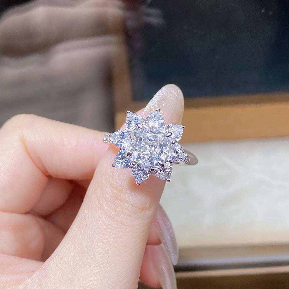 2.4 CTW DEW cushion cut moissanite sunflower halo engagement ring in sterling silver
