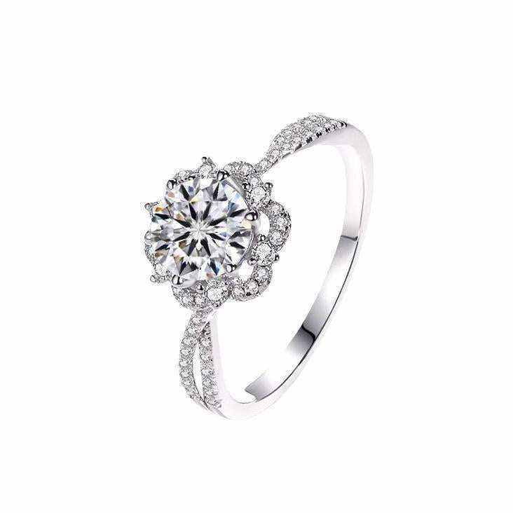 1 CTW DEW colorless round brilliant cut moissanite sterling silver twist outline pavé halo engagement ring