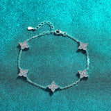 Adjustable sterling silver bracelet with five colorless four-leaf flower moissanite stations on rolo chain