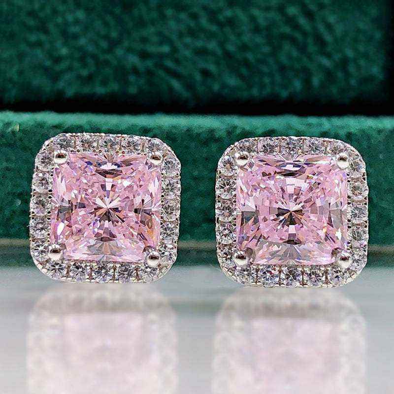 Pair of radiant crushed ice cushion cut square pink halo earrings in 925 sterling silver with cubic zirconia stones and white gold plating