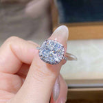 5 CTW colorless cushion cut hybrid brilliant crushed ice square moissanite ring with sterling silver pavé halo setting