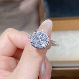 5 CTW colorless cushion cut hybrid brilliant crushed ice square moissanite ring with sterling silver pavé halo setting